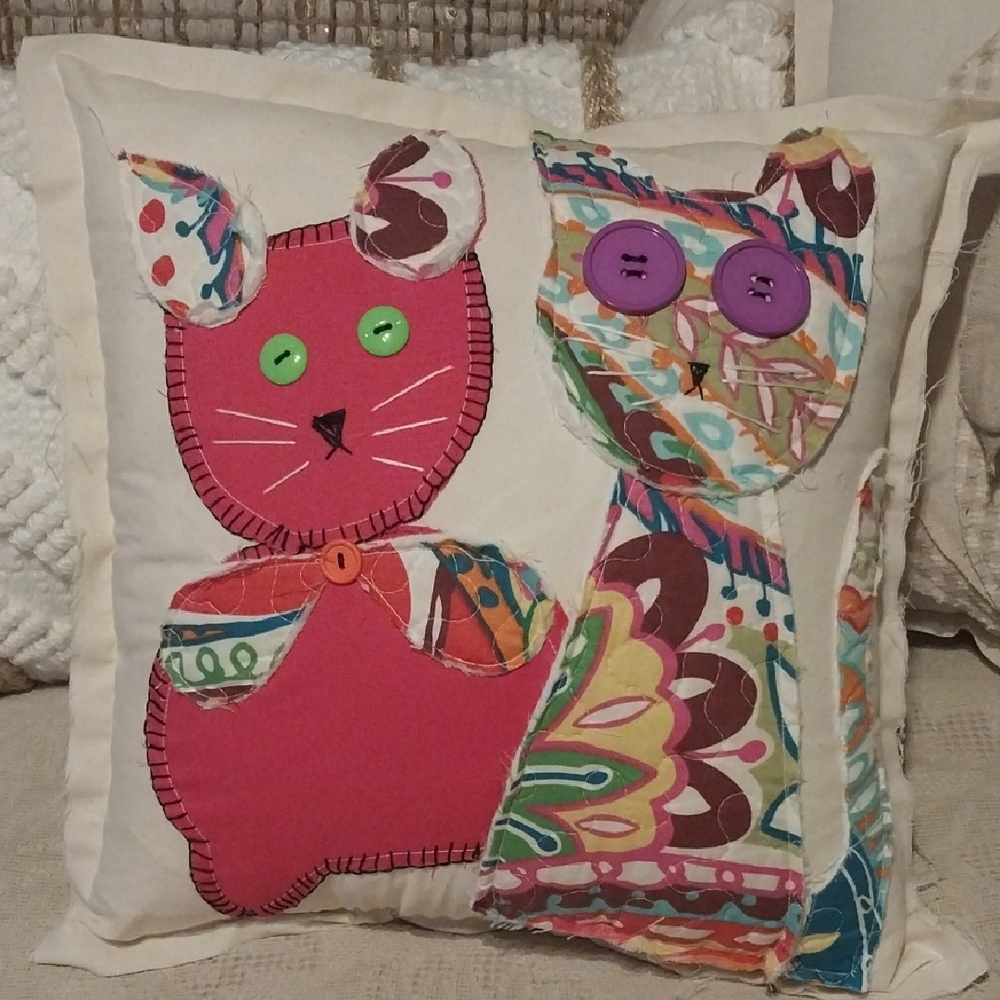 Whimsical Cottage Core Folk Art Cat Design Throw Pillow-Handmade